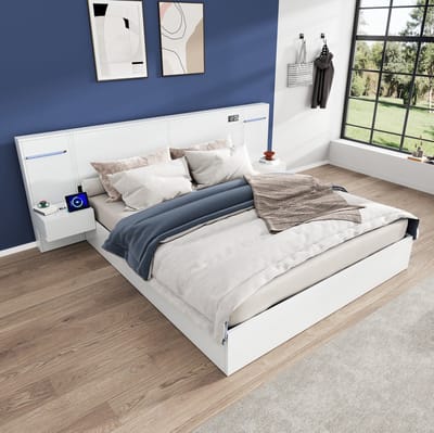 MEUNIQ tweepersoonsbed 180x200 cm met lattenbodem, 2 nachtkastjes, USB-A en USB-C, elektronische klok, Bluetooth-luidspreker en LED-verlichting, wit