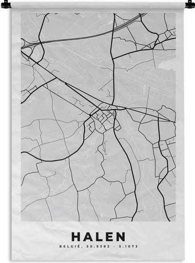 Wandkleed - Wanddoek - Zwart Wit – België – Plattegrond – Stadskaart – Kaart – Halen - 120x180 cm - Wandtapijt