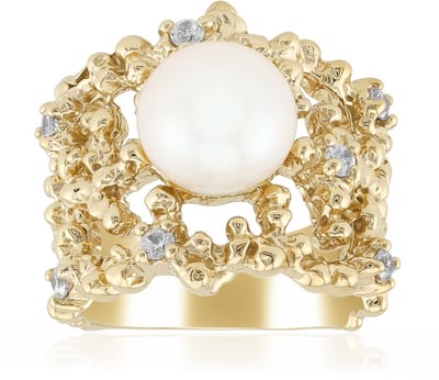 Cavill - Elegante Zilveren Ring met 18K Goud Verguld - 9 mm Witte Zoetwaterparel - 7 Cambodjaanse Zirkonia's 0,33 ct - Dames Sieraad