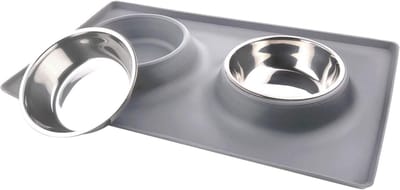 Dubbele RVS Hondenvoer- en Waterbakken met Antislip Siliconen Mat - Ideaal voor Kleine en Middelgrote Honden, 13 oz per Bak, Grijs