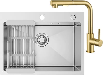 SOFETIY MAX Spoelbak voor keuken 60 x 45 cm - 1 Gootsteen RVS - Spoelbakken Keuken Met Goud Keukenkraan met Uittrekbare Uitloop - Wasbak Keuken Met Aftapmand en Waterafvoersysteem