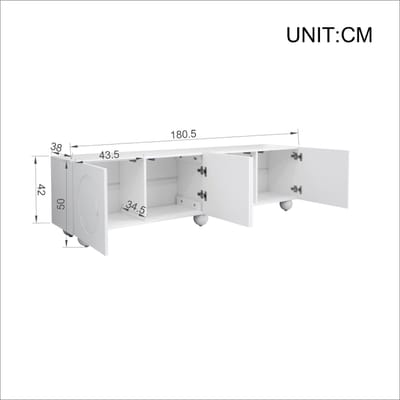 Modern wit tv-meubel, tv-standaard, tv-paneel, lage tv-standaard. Uniek design. 180,5 x 38 x 50 cm (L x B x H)