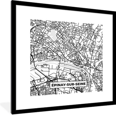Fotolijst incl. Poster Zwart Wit- Frankrijk - Plattegrond - Épinay-sur-Seine - Stadskaart - Kaart - Zwart wit - 40x40 cm - Posterlijst