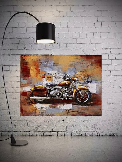 Metalen 3D schilderij Harley Davidson oranje 80 cm x 60 cm - schilderij - metal - muurdecoratie - wall - deco - kunst - wanddecoratie - metaal - wandschilderij - decoratief - interieur - cadeau - geschenk - gift - verjaardag - kerst - nieuwjaar