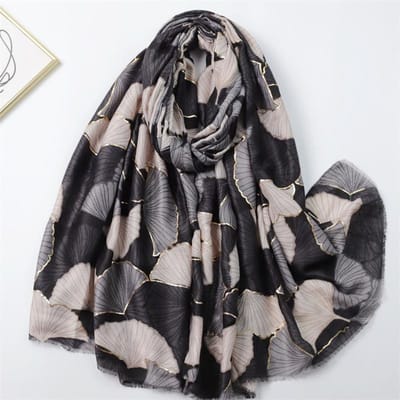 Winter Lurex Glitter Ginkgo Blad Bloemen Zachte Sjaal Chique Katoenen Sjaal Voor Vrouwen Reizen Casual Moslim Hijab Viscose gray