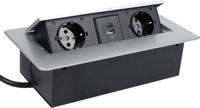 Design Light Kombibox - 2x stopcontacten - USB A en USB C - Stekkerdoos -Inbouw Stekkerblok met 1.7 meter kabel - Zilver