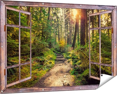 Gards Tuinposter Doorkijk Voetpad in het Bos - 150x100 cm - Tuindoek - Tuindecoratie - Wanddecoratie buiten - Tuinschilderij
