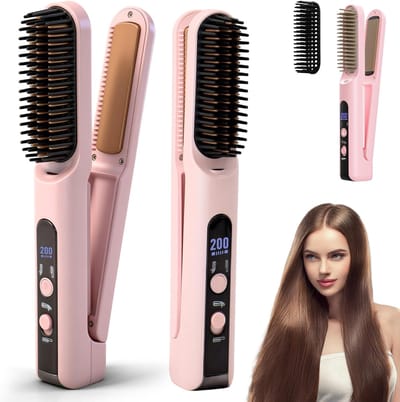 Stijltangborstel - Haarstijltang - 2-in-1 Ionische borstel - Stylingborstel - Met 4 warmtestanden - Keramisch - Verwarmde kam - Voor kort haar - Voor vrouwen - Draagbaar - Roze