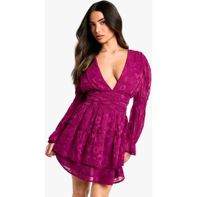 boohoo Dames Petite Paisley Burnout Pofmouwen Geruichte Skaterjurk | Pruim | Maat: 34