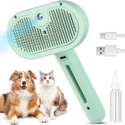 Daity 1 stoomborstel voor katten, 3-in-1 stoomborstel voor huisdieren, geschikt voor katten en honden met lang en kort haar, ontharingsborstel met sprayfunctie, geschikt voor de verzorging van kleine dieren, waternevelborstel met knop (lichtgroen).