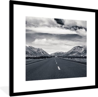 Fotolijst incl. Poster Zwart Wit- Zwart wit - Berg - Weg - 40x40 cm - Posterlijst