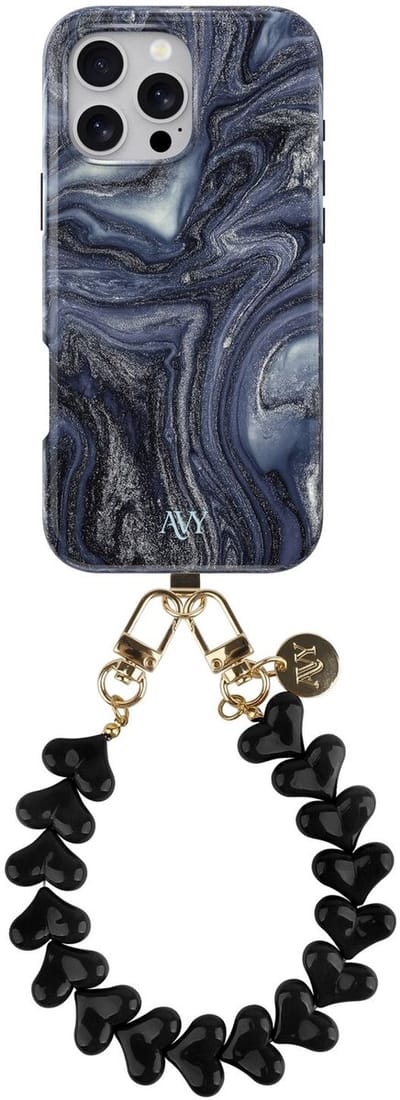AVY Hoesje Met Telefoonkoord | Geschikt voor Apple iPhone 15 Pro Max | Compatibel met MagSafe | Hard Shell Back Cover | Stijlvol Bijpassend Koord 30CM | Marmer Hearts | Blauw