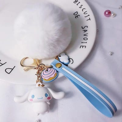 Nieuwe Sanrio Hello Kitty Kuromi Melody Cinnamoroll Schattige Sleutelhangers met Pluizige Konijnenbontbal Vrouwen Meisjes Tas Hanger Sleutelhanger Cadeaus gray