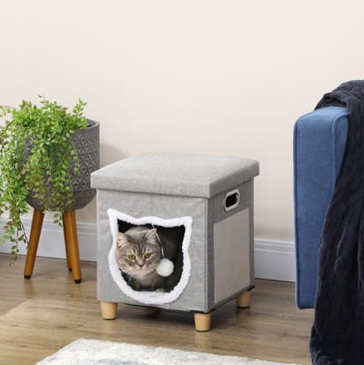 MEUNIQ kattenhuis kattenhocker 35,5 x 35,5 x 42,5 cm met kussen, krabmat, speelbal en draaggreep voor katten tot 5 kg, grijs