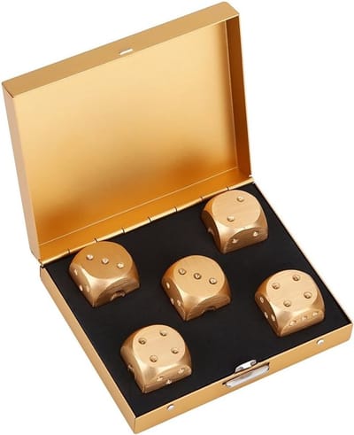 Set van 5 Aluminium Dobbelstenen in Zilver en Goud met Opbergdoos voor Tafelspellen en Poker