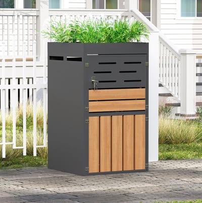 HAUSS SPOLE Containerberging – 2-In-1 Met Plantenbak En Ventilatielamellen – 66 x 80 x 128 cm – Metaal – Grijs – Afsluitbare Buitenopslag
