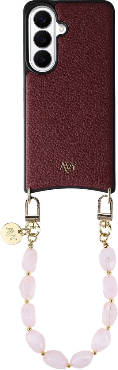 AVY Leren Hoesje Geschikt voor Samsung Galaxy S26 Plus | Compatibel met MagSafe | Leather Case met Telefoonkoord | Polsbandje | Burgundy | Rocher Pink
