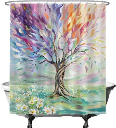 Ulticool Douchegordijn - Boom Tree of Life - 180x200 cm - semi Transparant - met 12 Ringen Wit - anti Schimmel - Paars Oranje Blauw Groen