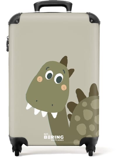 NoBoringSuitcases.com® - Kinderkoffer jongen - Dinosaurus groen - Kindertrolley jongens - Handbagage koffer lichtgewicht - Reiskoffer trolley kinderen - Rolkoffer met wieltjes - Past binnen 55x40x20 en 55x35x25