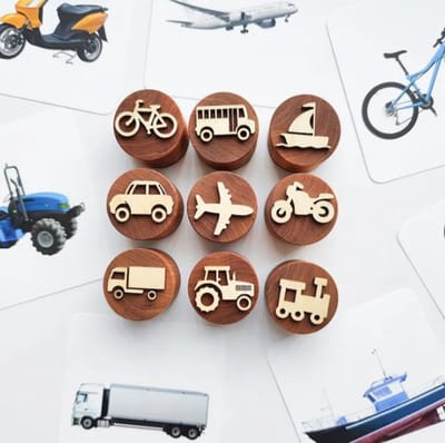 LiasToys -6 Houten stempel - Voertuigen - Stempel set - Speelbak - Speelzand - Montessori - Sensorisch spelen - Zandstempel - Kleistempel - Stempelen - Motoriek