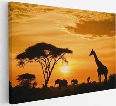 Saammp Canvas Schilderij - Olifanten silhouet - Dieren - 30x20 - Foto op canvas - Wanddecoratie - muurdecoratie Woonkamer - Slaapkamer decoratie - Canvas Print