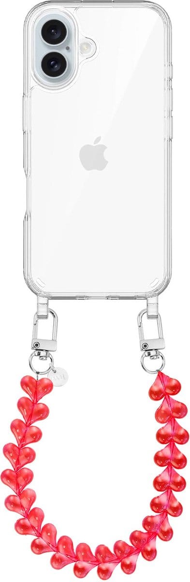 xoxo Wildhearts siliconen hoesje - Geschikt voor iPhone 16 Plus hoesje - Funky Hearts - Telefoonhoesje - Hoesje met koord - Transparant rood koord - kort telefoonkoord - Hartjes ketting - Transparant hoesje