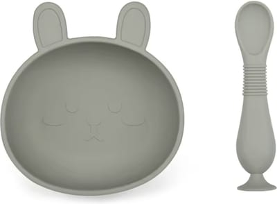 KimDo - Siliconen Konijnen Bakje met Lepel - Groen - Met zuignap - Bakje - Schaaltjes - kinderservies - Kom - Baby - Kraamcadeau