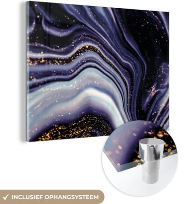 MuchoWow® Glasschilderij 160x120 cm - Schilderij acrylglas - Marmer - Paars - Luxe - Marmerlook - Glitter - Foto op glas - Schilderijen