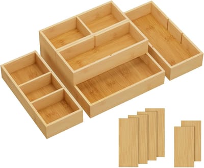 Famanu - Verstelbare Lade Organizer met Vakken, houtlook ladeverdeler met 6 inzetstukken en 11 compartimenten, voor keuken, make-up, sieraden, kantoor en badkamer
