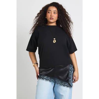boohoo Dames Plus Kant Satijn Asymmetrische Zoom T-Shirt | Zwart | Maat: 44