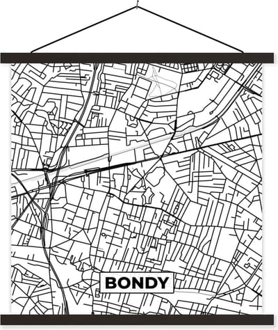 Posterhanger incl. Poster 60x60 cm - Schoolplaat - Kaart - Bondy - Stadskaart - Frankrijk - Plattegrond - Zwart wit - Textielposter - Zwarte latten - Stadskaart