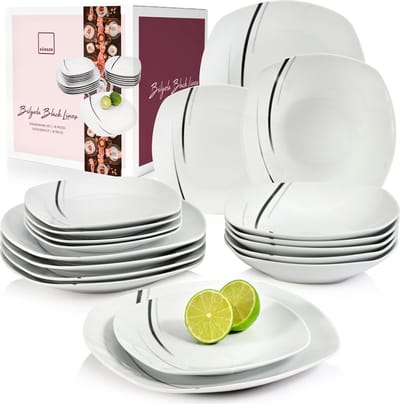 Sänger Porzellan Serviesset Bilgola Black Lines - 18-delig Combinatieservies voor 6 Personen - Hoogwaardige Kwaliteit