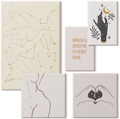 Wallfluent Set van canvas schilderijen - Minimalistische motieven geïnspireerd door ruimte en natuur Canvas Schilderijen Set - Set van 5 Canvas Schilderijen - Romig Set van Canvas Prints - Abstractie Canvas Kunst Set - Boheemse Canvas Kunst Set