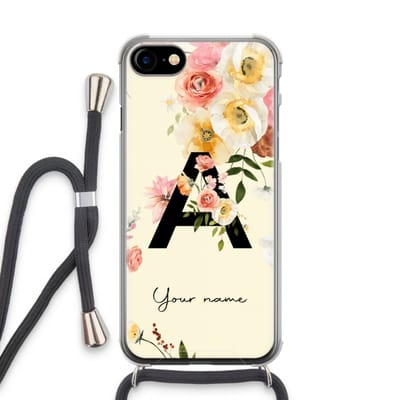 Gepersonaliseerd - Case Company® - Hoesje met koord geschikt voor iPhone SE 2020 hoesje met Koord - Flirty Flowers Monogram - Telefoonhoesje met Zwart Koord - Extra Bescherming aan alle Kanten en Over de Schermrand