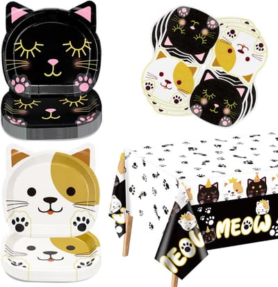 Feestdecoratie Set - Katten thema - Verjaardagsfeest - Voor 20 gasten - 61 Delen - Zwart Wit