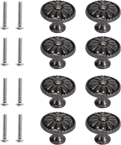 Set van 6 Vintage Meubelknoppen met Bloemenpatroon in Brons en Zwart voor Lade, Kast en Deur - Retro Design met Schroeven