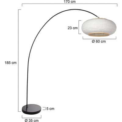 Vloerlampen Booglamp Solva 4630ZW - Zwarte bamboe/metalen lamp met linnen kap Ø60 cm, trendy design, met kantelbare fitting voor binnen gebruik