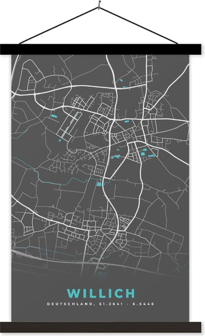 Posterhanger incl. Poster 120x180 cm - Schoolplaat - Stadskaart – Kaart – Willich – Blauw – Duitsland – Plattegrond - Textielposter - Zwarte latten - Stadskaart