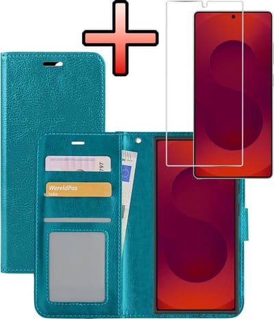 Hoesje - Met Screenprotector - Geschikt voor Samsung Galaxy S25 Ultra - Luxe Pasjeshouder - Bookcase Portemonee - Flip Case - Kunstleer Book Case - Flipcase - Book Cover - Walletcase - Portemonneehoes - Turquoise