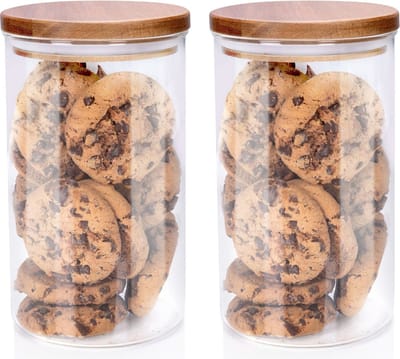 Voorraadpot/bewaarpot Foodking - 2x - borosilicaat glas - 950 ml - glas/hout - D9.5 x H16 cm - voedsel bewaren