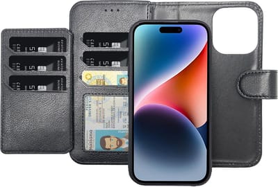 CaseMania Bookcase hoesje geschikt voor iPhone 16 - Effen Zwart - Kunstleer - 2-in-1 Magnetisch Uitneembaar Design met Extra Pasvakjes