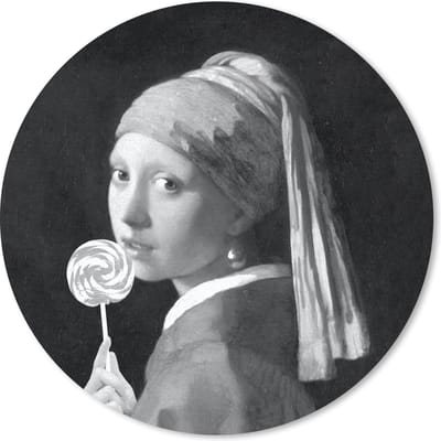 Muismat rond 20x20 cm - Mousepad Het meisje met de parel - Johannes Vermeer - Zwart - Wit - Ronde muismatten