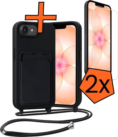 Hoesje Geschikt voor iPhone 17e Hoes Met Telefoonketting Met 2x Screenprotector - Backcover Geschikt voor iPhone 17e Case Met Koord - Zwart