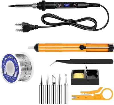 Soldeerbout Set - Laset Elektrisch - Printplaat Reparatie - Instelbare Temperatuur LCD - 80W Snel Opwarmend - Geel
