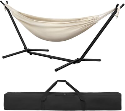 Mosh Stories 2-Persoons Hangmat - Met Standaard - Beige – Luxe Dubbele Hangmat tot 250 kg - Draagbaar Hangbed voor Buiten
