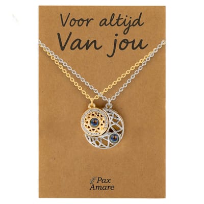 Koppel Ketting voor 2 'Voor altijd van jou' - Rondjes ILY IN 100 TALEN - Vriendschapsketting op Cadeau Kaartje - 45cm + 5cm verstelbaar - Goudkleurig & Zilverkleurig - Persoonlijke Hanger - Pax Amare