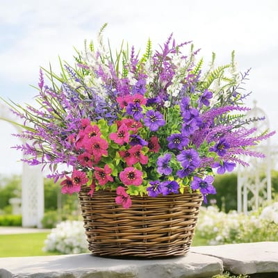 12 bundels kunstbloemen voor buiten, kunstbloemen, outdoor, weerbestendig, balkonplanten, petunia's, balkonbloemen, zijden bloemen, net als echte kunstplant (rode lotus, wit)