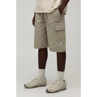 Essentiële Baggy Fit Elastische Twill Cargo Shorts | Stone | Size Small