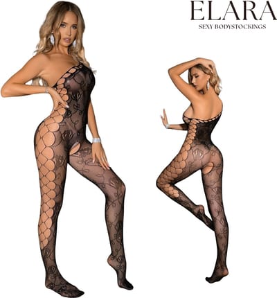 Elara - Solena - Bodystocking Erotische Lingerie met Open Kruis - Catsuit - S t/m XL - Sexy Dames Lingerie - Zwart