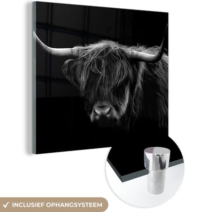 MuchoWow® Glasschilderij 90x90 cm - Schilderij acrylglas - Schotse Hooglander - Horens - Zwart - Dieren - Natuur - Wild - Koe - Foto op glas - Schilderijen
